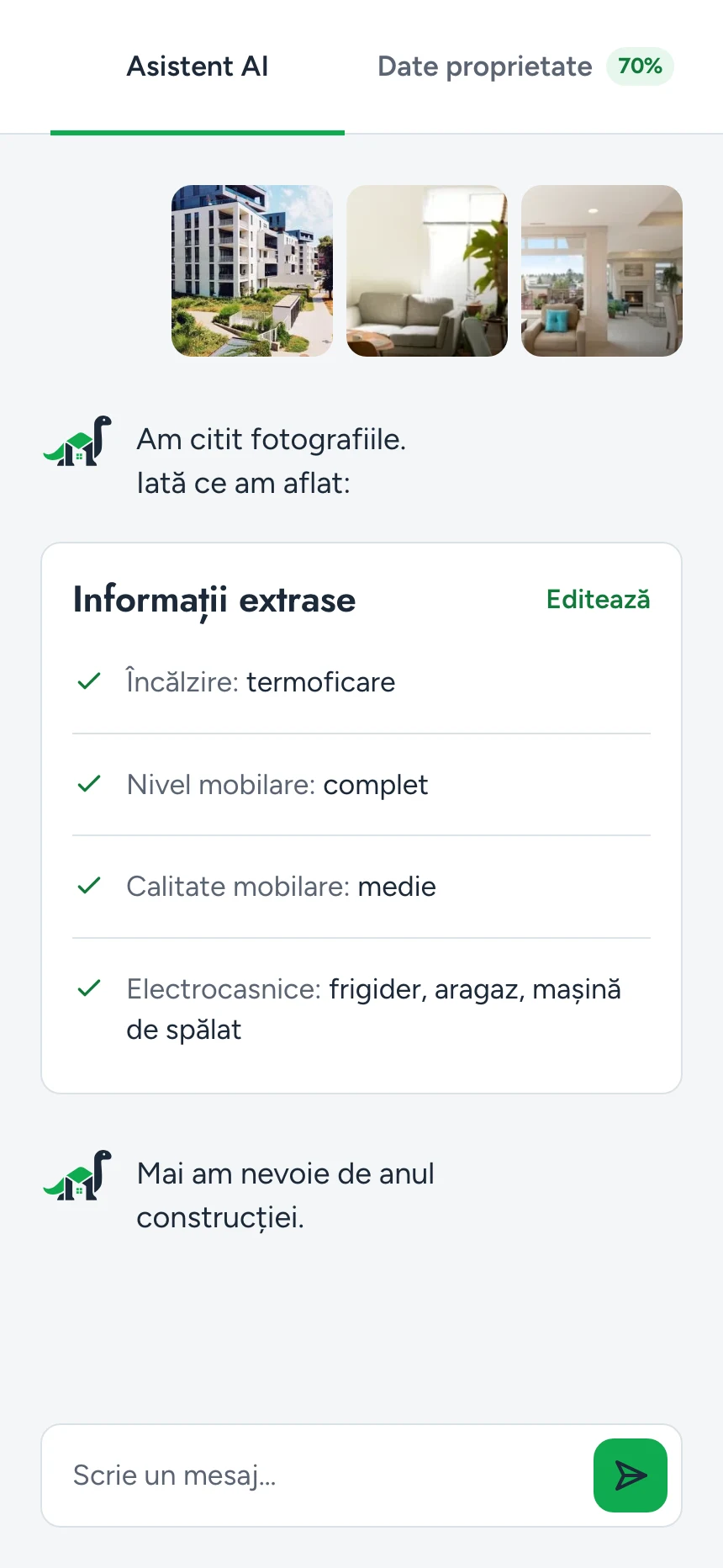 Datele proprietății extrase de asistent, în chat