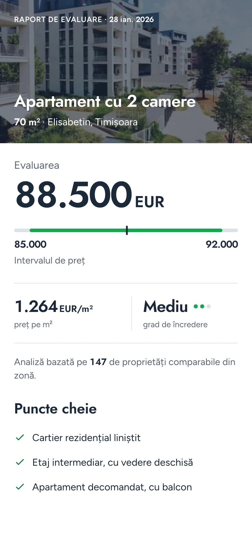 Începutul unui raport de evaluare: 88.500 EUR pentru un apartament cu 2 camere din Elisabetin, Timișoara